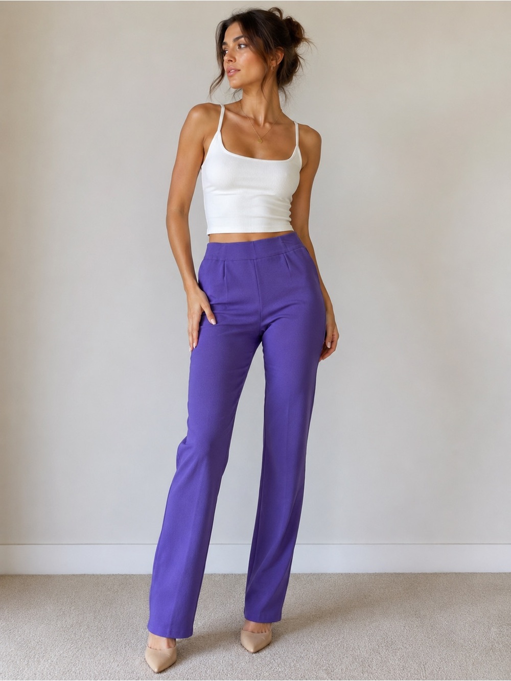Misook Purple Knit Pull On Straight Leg Pants XS Designer Career Office Stretch